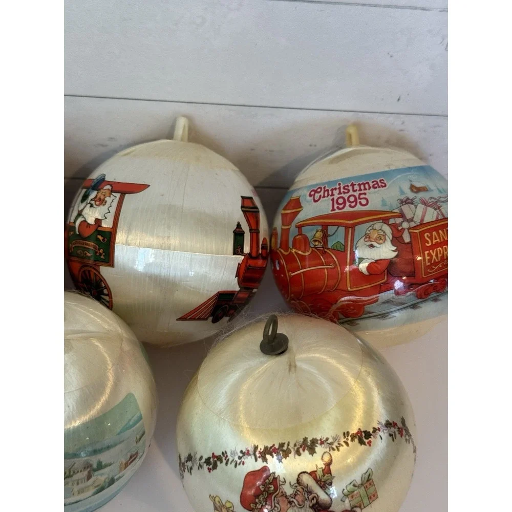 Vintage Satin Christmas Ball Ornaments Lot of 7 Dated 1980s-2000s Santa Train